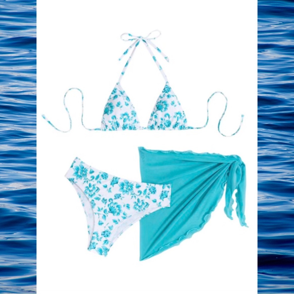 Turquoise Floral Triangle Bikini Set with Matching Sarong